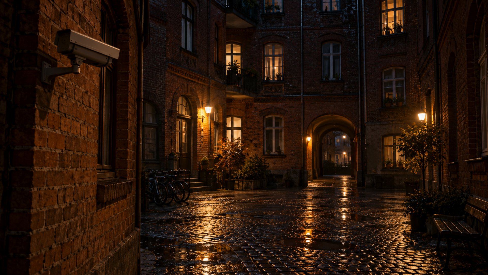 Ceglane podwórko we Wrocławiu nocą, sodowe lampy, pusta obudowa kamery bez marki, mokry bruk