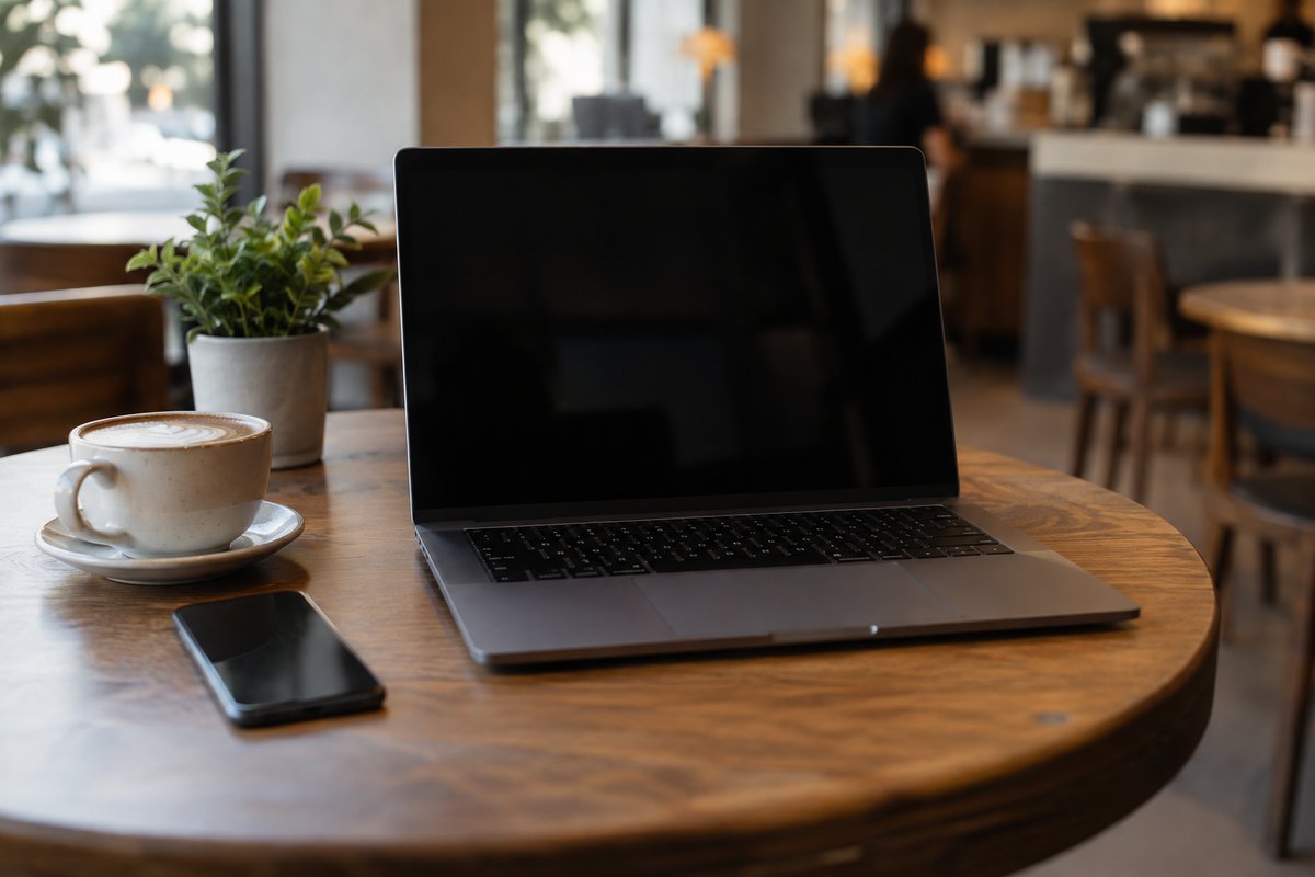 Zwykły laptop z ciemnym nieczytelnym ekranem w kawiarni, bez logo systemu